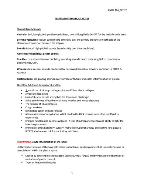 Respiratory Handout - PNUR 1241 - RESPIRATORY HANDOUT NOTES Normal Breath Sounds Vesicular: Soft ...
