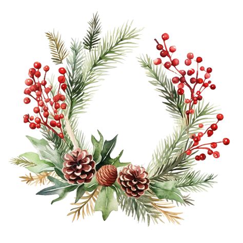 Christmas Wreath Decorations Watercolor Style Holly Berry Fir Branch ...