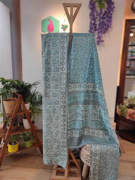 Light Blue Beige and White Floral Cotton Suit with Cotton Bottom & Mul ...