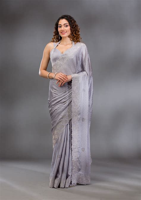 Buy Grey Swarovski Satin Saree - Koskii