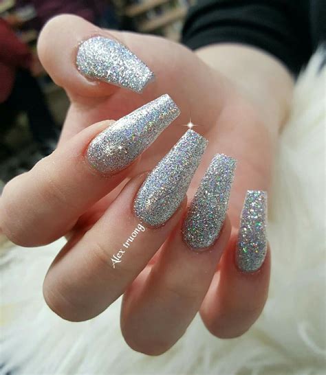silver sparkly acrylic nails