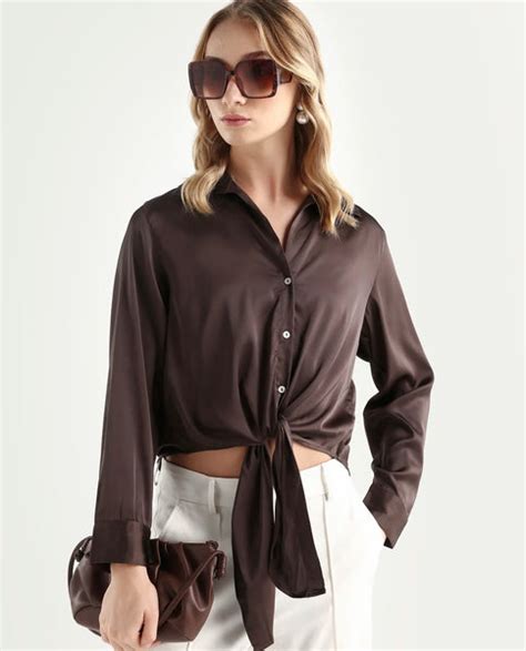 Rareism Women's Teen Brown Satin Drop Collar Plain Cuffed Sleeve Regul