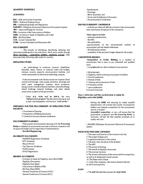 QS Reviewer - quality surveying - QUANTITY SURVEYING ACRONYMS BAC – Bids and Awards Committee ...