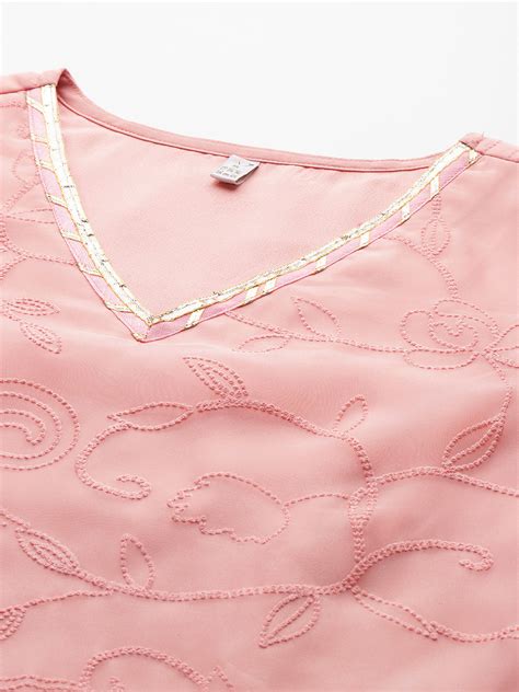 Women's Pink Polyester Printed Round Neck Kurta – Trendia