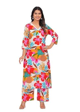 Buy MEERA FAB Women's Cotton Blend Straight Fit Printed Kurta With ...