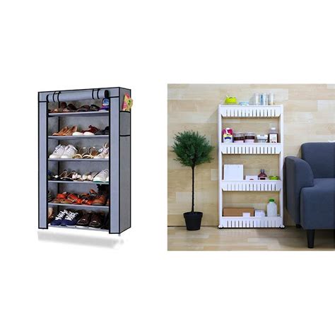 Ebee Grey 6 Shelves Collapsible Shoe Rack 4 Layer Storage Organizer ...