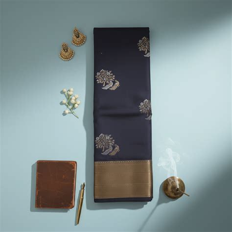 Navy Blue Silk Saree with Gold Tree Motifs | Kuberan Silks