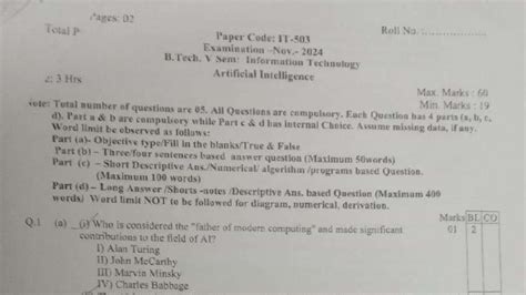 B.Tech IT 02: Nov 2024 AI Examination Paper (Max Marks: 60) - Studocu