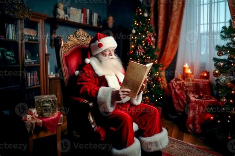 Santa reading a book in a cozy Christmas decorated room 30513553 Stock ...