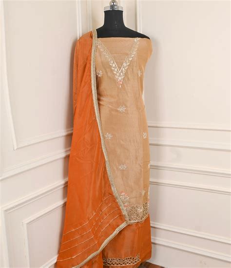 Glass Shimmer Beige Orange Unstitched Suit – CHAWLA SILK STORE