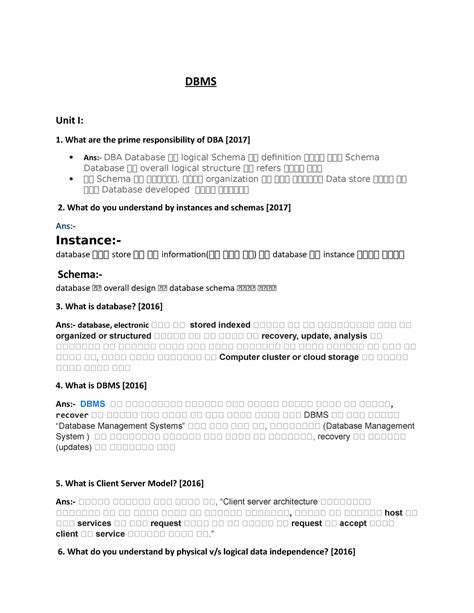 DBMS Answers - Dds - ####### DBMS Unit I: What are the prime ...