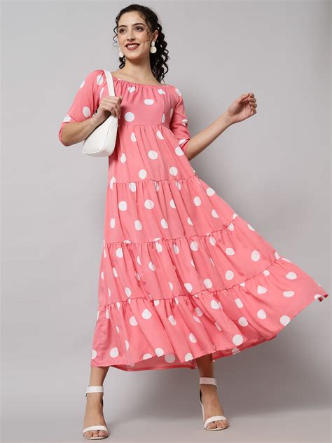 Emeros Pink Polka Printed Off Shoulder Tiered Maxi Dress