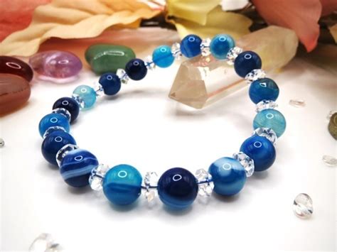 天然石パワーストーン 藍紋メノウ(アゲート) 8mm珠ブレスレット 3×6カットクリスタルMix【SSサイズ 内円周≒14.0cm】※小柄な方 ...