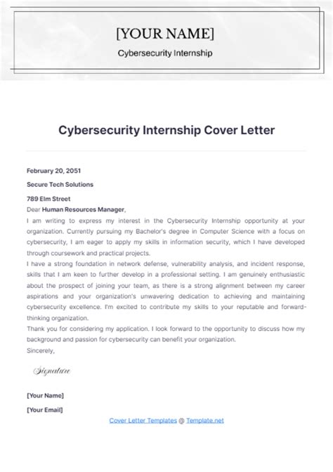 Free Cybersecurity Internship Cover Letter Template to Edit Online