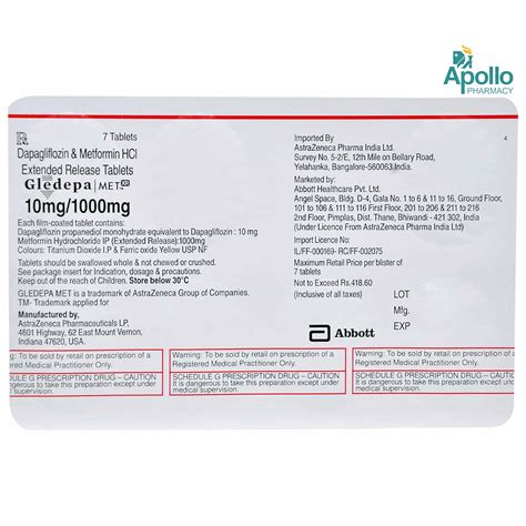 Gledepa Met XR 10 mg/1000 mg Tablet 7's Price, Uses, Side Effects ...