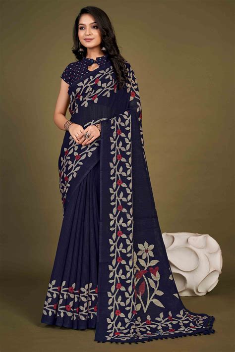 Blue Floral Printed Cotton Slub Saree