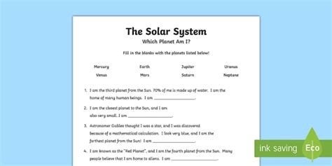 Which Planet Am I? Astronomy Homework Sheet - Yr 5 - Science
