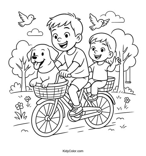 Children On Bike With Dog | Free Printable Coloring Pages for Kids