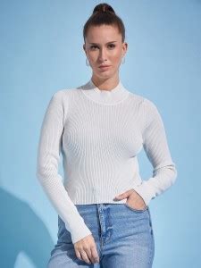 98 Degree North Self Design High Neck Casual Women White Sweater - Buy ...