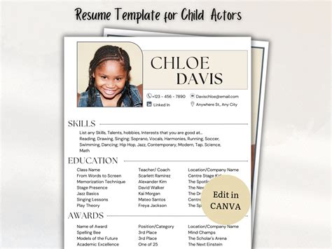 Child Acting Resume Template for Auditions Editable in Canva CV Professional Digital Acting ...