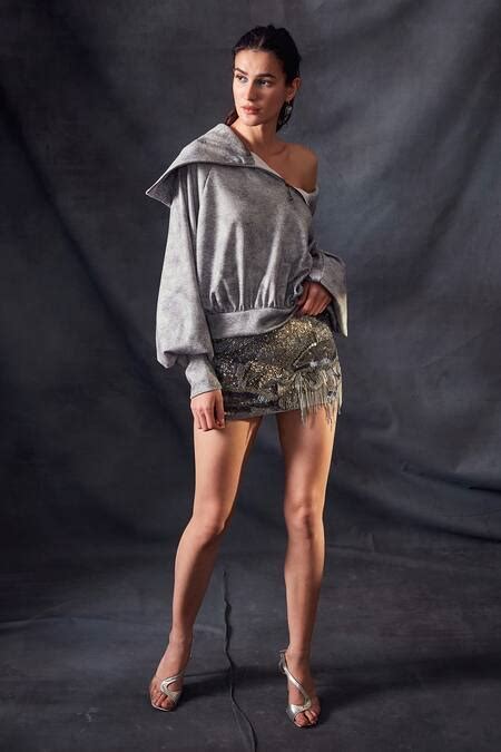 Buy Grey Hemp Knit Collared Neck Puff Sleeves Sweater For Women by ...