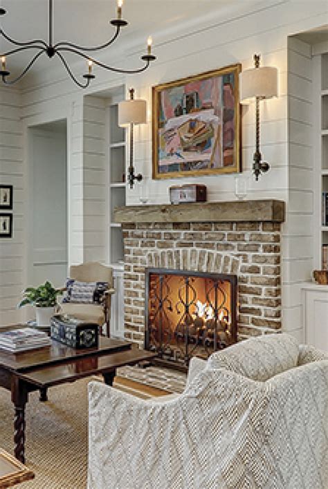 Rustic Brick Fireplace Mantle on White Shiplap