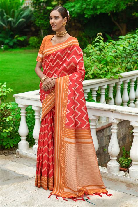Buy Red And Orange Raw Silk Saree 92656 Online | Karagiri
