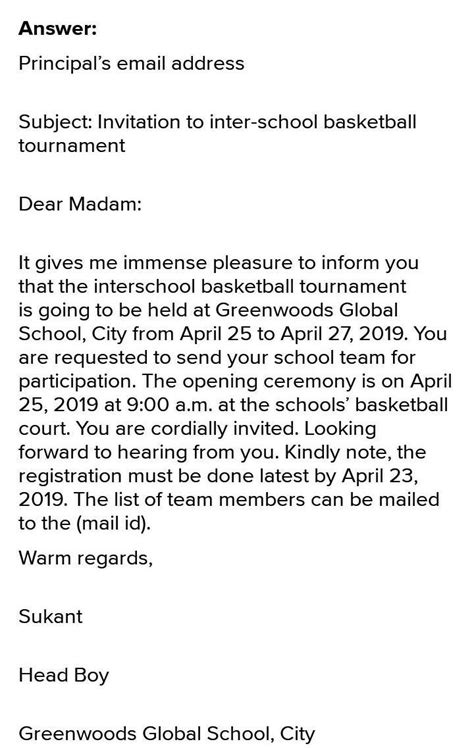 write an email to the principal of neighbouring school informing him ...