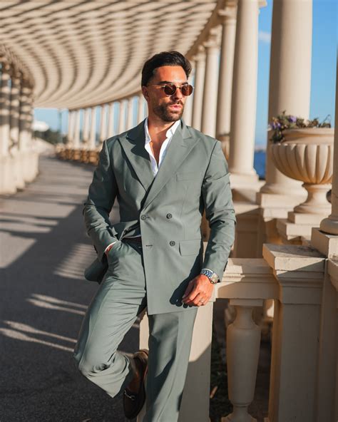 Sage Green Double-Breasted Suit with Open-Collar White Shirt | Hockerty