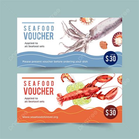 Watercolor Illustration Of Squid Shell And Lobster For Seafood Voucher ...
