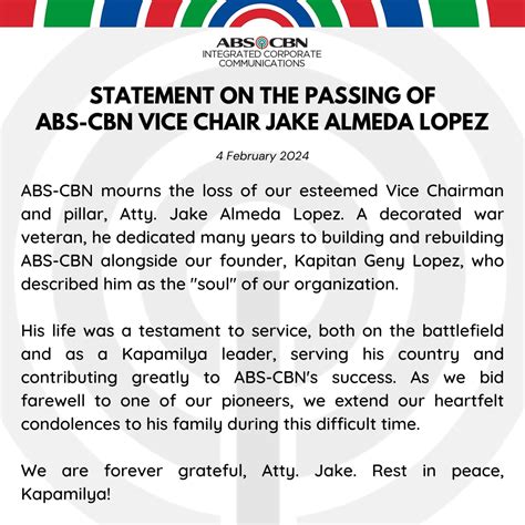 Statement on the passing of ABS-CBN Vice Chair Jake Almeda Lopez