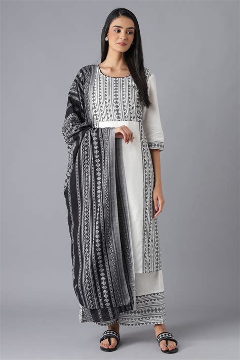 Buy Grey Yarn-Dyed kurta Straight Palazzo and Dupatta Set Online for ...