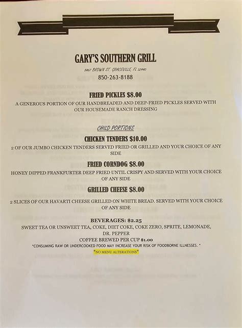 Menu at GARY'S SOUTHERN GRILL restaurant, Graceville