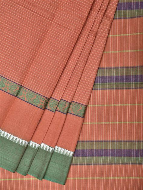 Light Orange and Green Narayanpet Cotton Saree with Big Border and ...