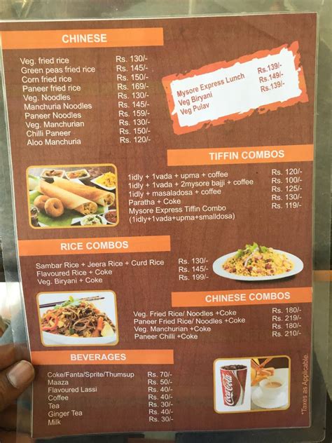 Menu at Mysore Express, Secunderabad, Tivoli Cinema