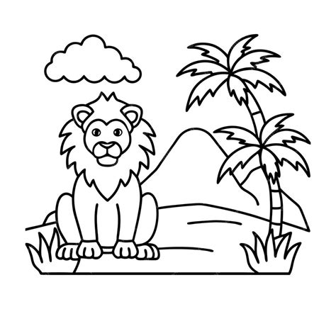 Dessin à colorier d'un lion assis sur un tronc au milieu d'une ...