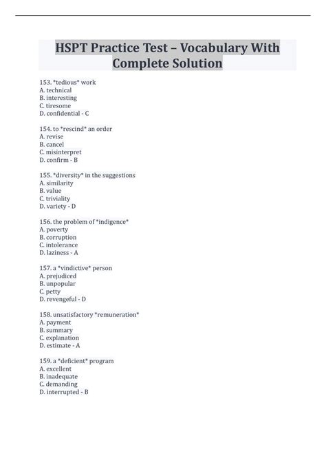HSPT Practice Test – Vocabulary With Complete Solution - HSPT - Stuvia US