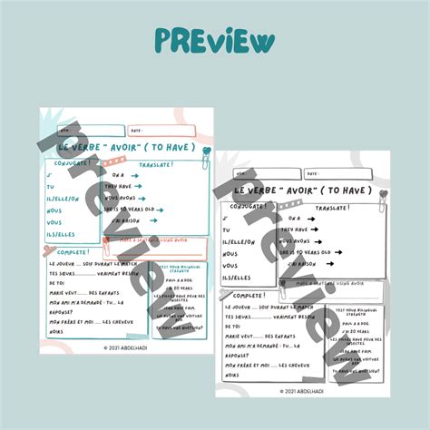 French Verb AVOIR Worksheet. Le Verbe AVOIR au présent de l'indicatif ...