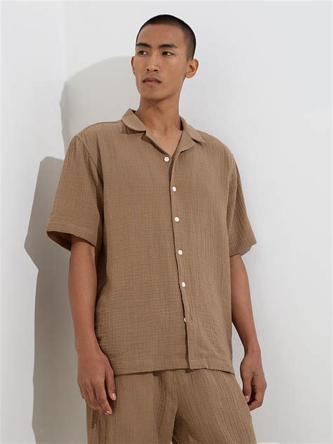 Buy ETA Brown Crinkle-Textured Relaxed-Fit Cotton Shirt from Westside