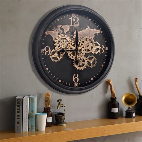 Buy CLXEAST 24 Inch Wall Clock with Moving Gears,Large Industrial World ...