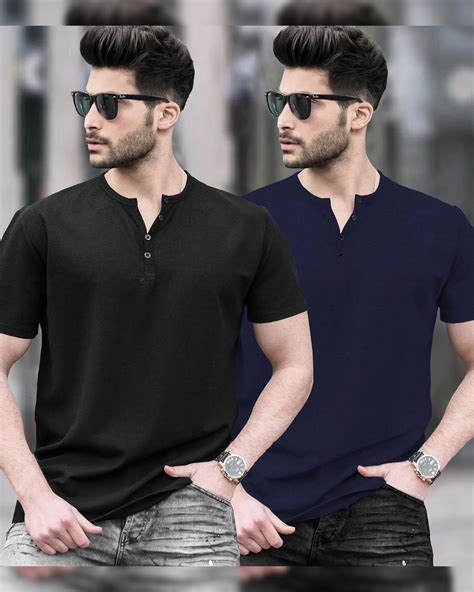 Mens Henley Neck Half Sleeve Plain Black & Navy T-shirts (Pack Of 2 ...