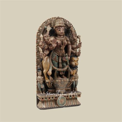 36" Ashtabhujadharini Durga Standing on Buffalo Demon Exquisite Wooden