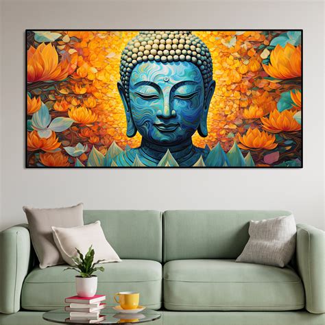 Buddhist Statue with Lotus Flowers Background Canvas Wall Painting ...