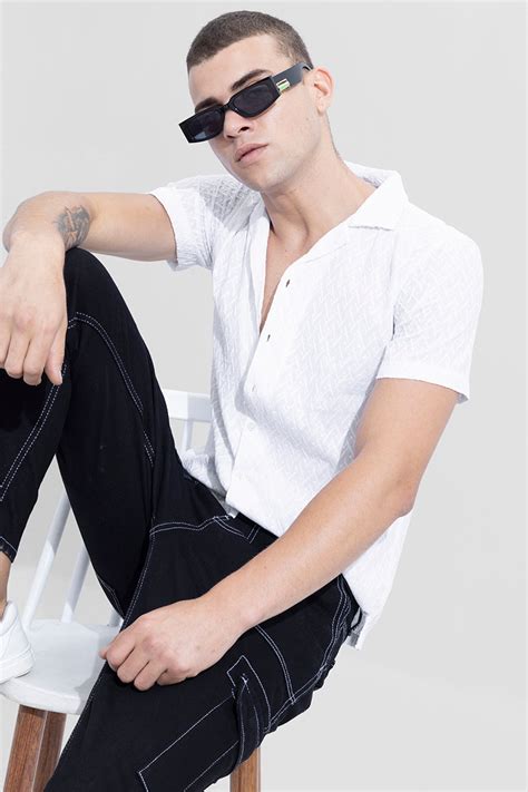 Buy Men's Twisty Curve White Embroidery Shirt Online | SNITCH