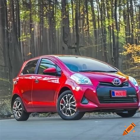 Red toyota yaris 3 doors in highway on Craiyon