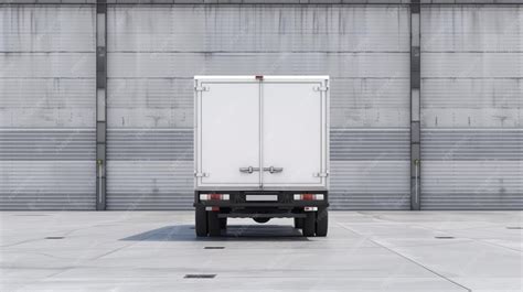 Rear view of a white delivery truck at an industrial loading bay ...