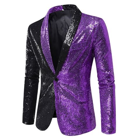 Quealent Men Black Sequin Shiny Prom Suit Jacket One Button Slim Fit ...