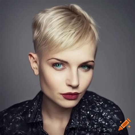 European woman with short blonde hair and green eyes on Craiyon