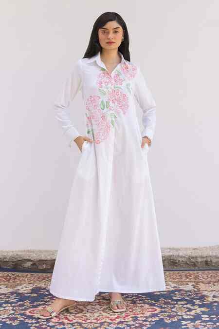 Buy White Cotton Satin Collared Primrose Hand Painted Shirt Dress For ...