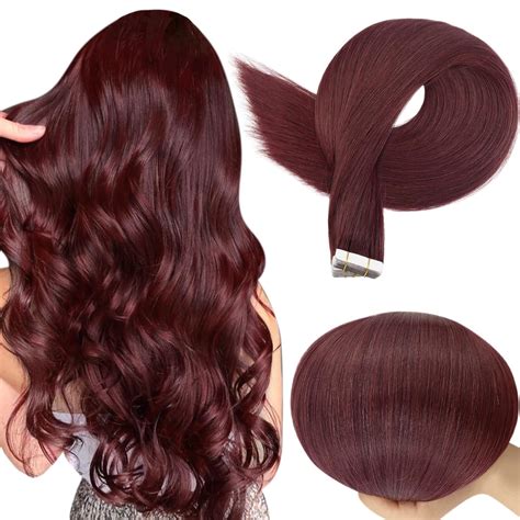 Full Shine Burgundy Tape in Hair Extensions Straight 99J Wine Red Remy ...